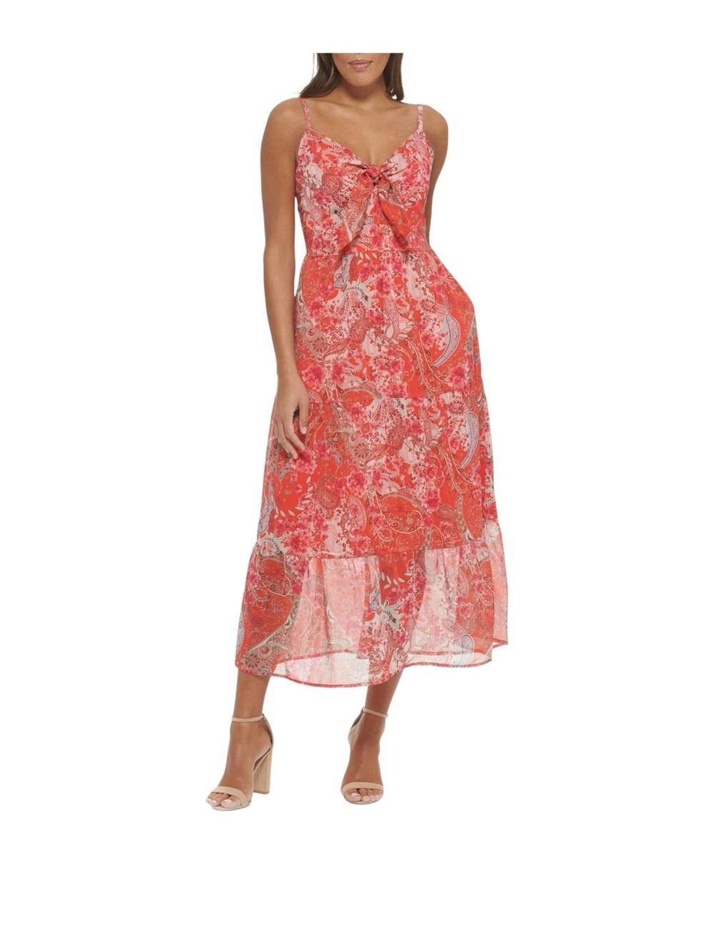 Kensie Lurex Chiffon Tiered Floral Tie-Front Red Maxi Sundress Size 8